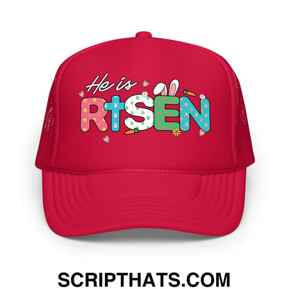 He Is Risen Jesus Easter Screenprinted Foam Mesh Trucker Hat Red