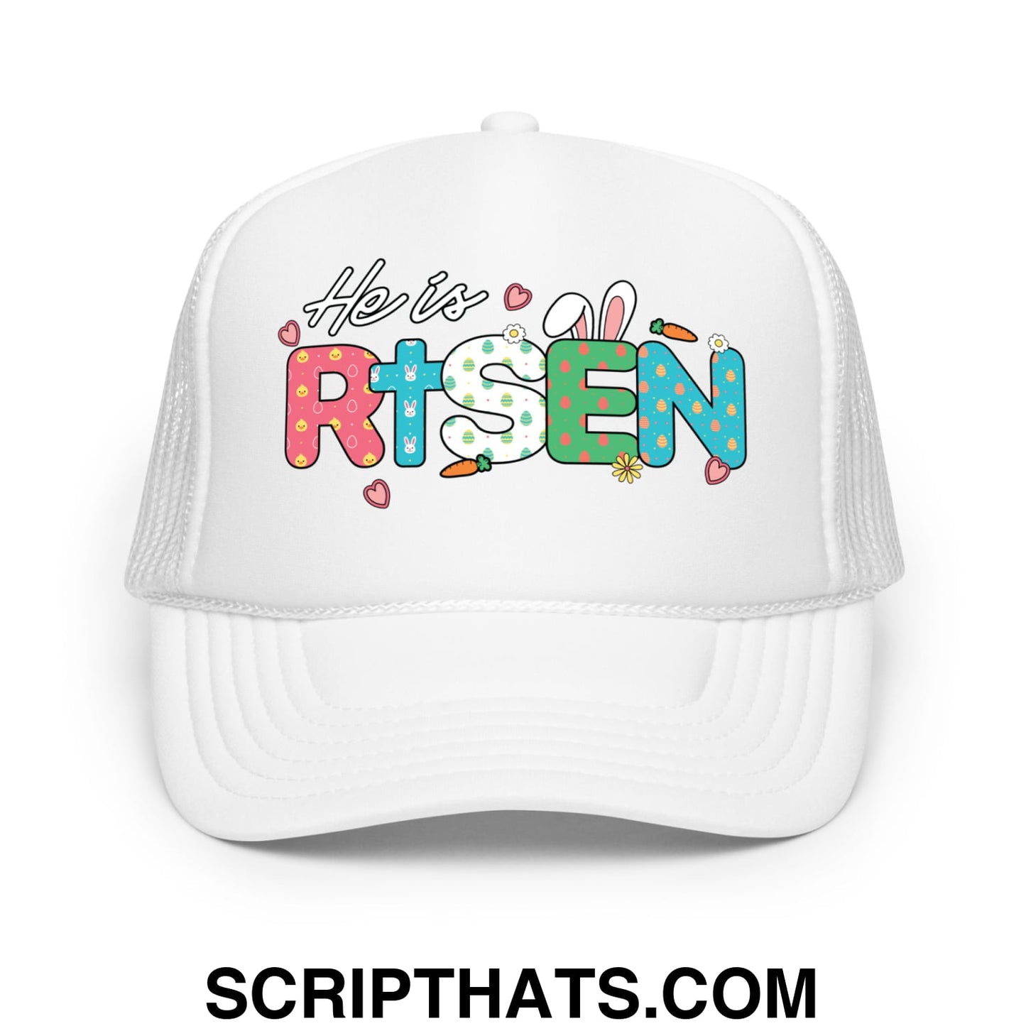 He Is Risen Jesus Easter Screenprinted Foam Mesh Trucker Hat White