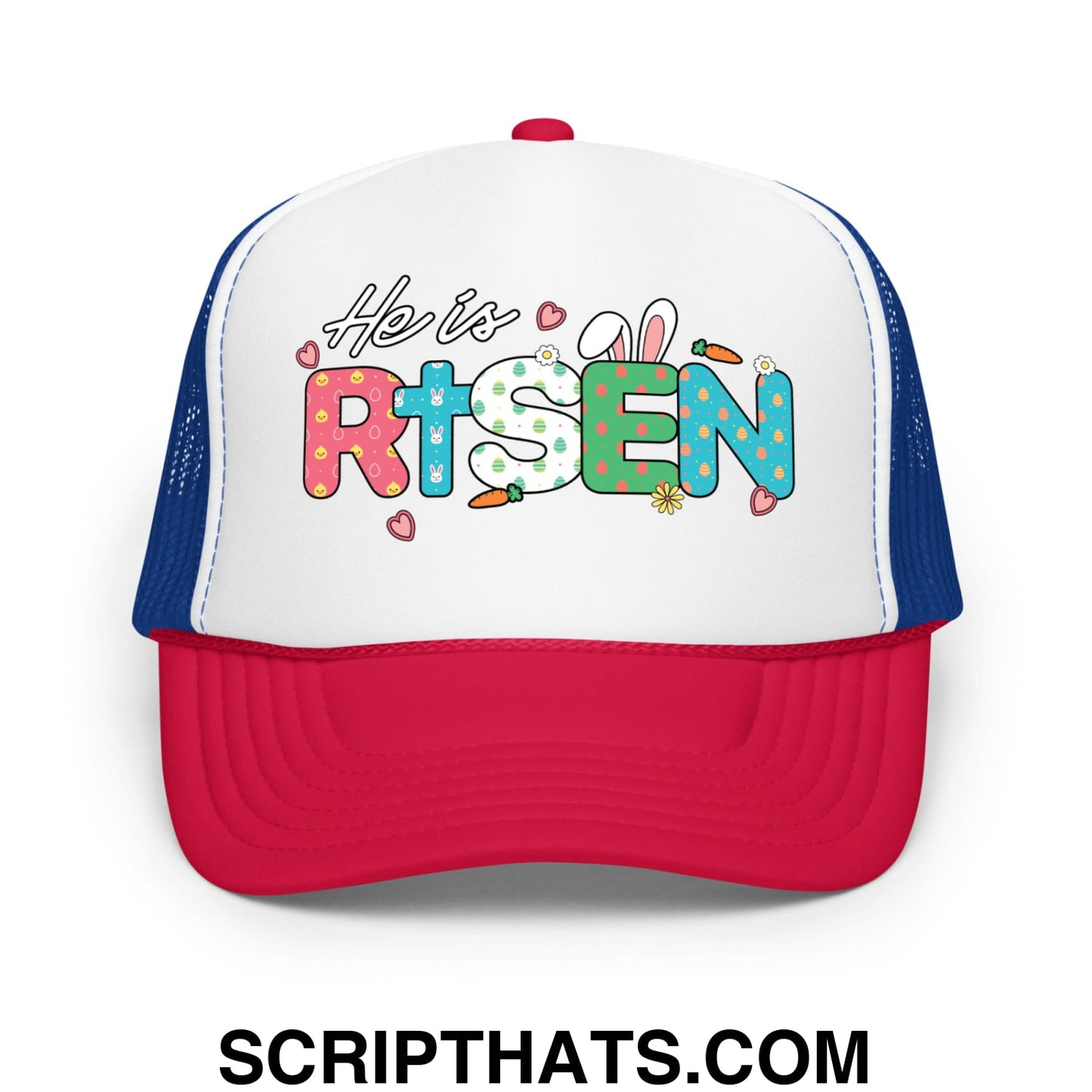 He Is Risen Jesus Easter Screenprinted Foam Mesh Trucker Hat White Royal Red