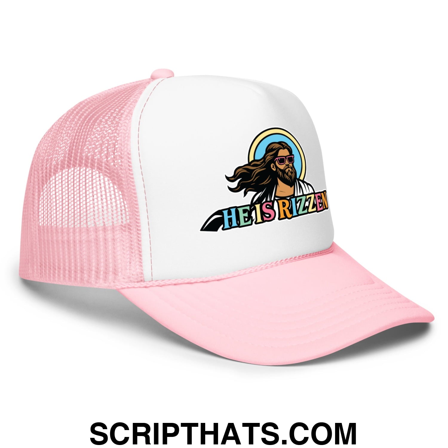 He Is Rizzen Jesus Easter Screenprinted Foam Mesh Trucker Hat Light Pink White Light Pink