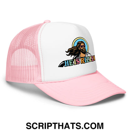 He Is Rizzen Jesus Easter Screenprinted Foam Mesh Trucker Hat Light Pink White Light Pink