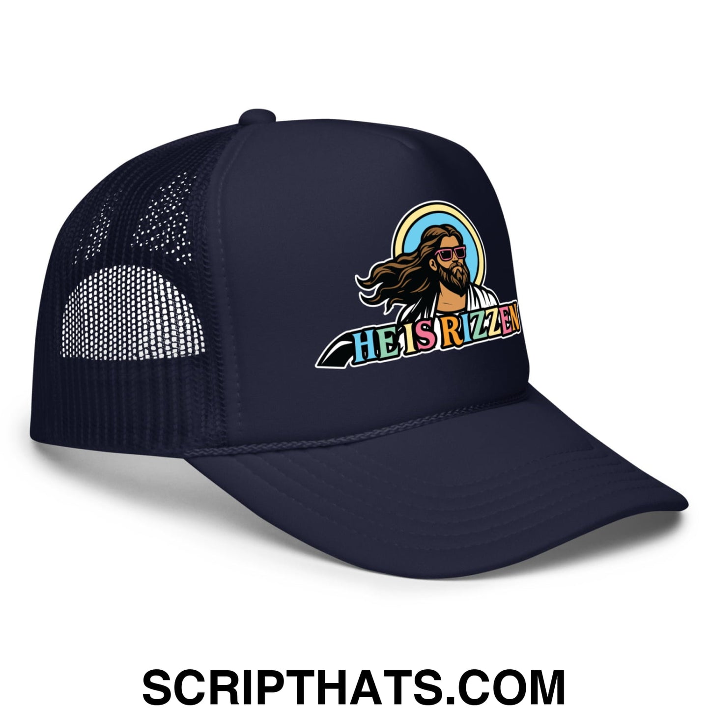 He Is Rizzen Jesus Easter Screenprinted Foam Mesh Trucker Hat Navy