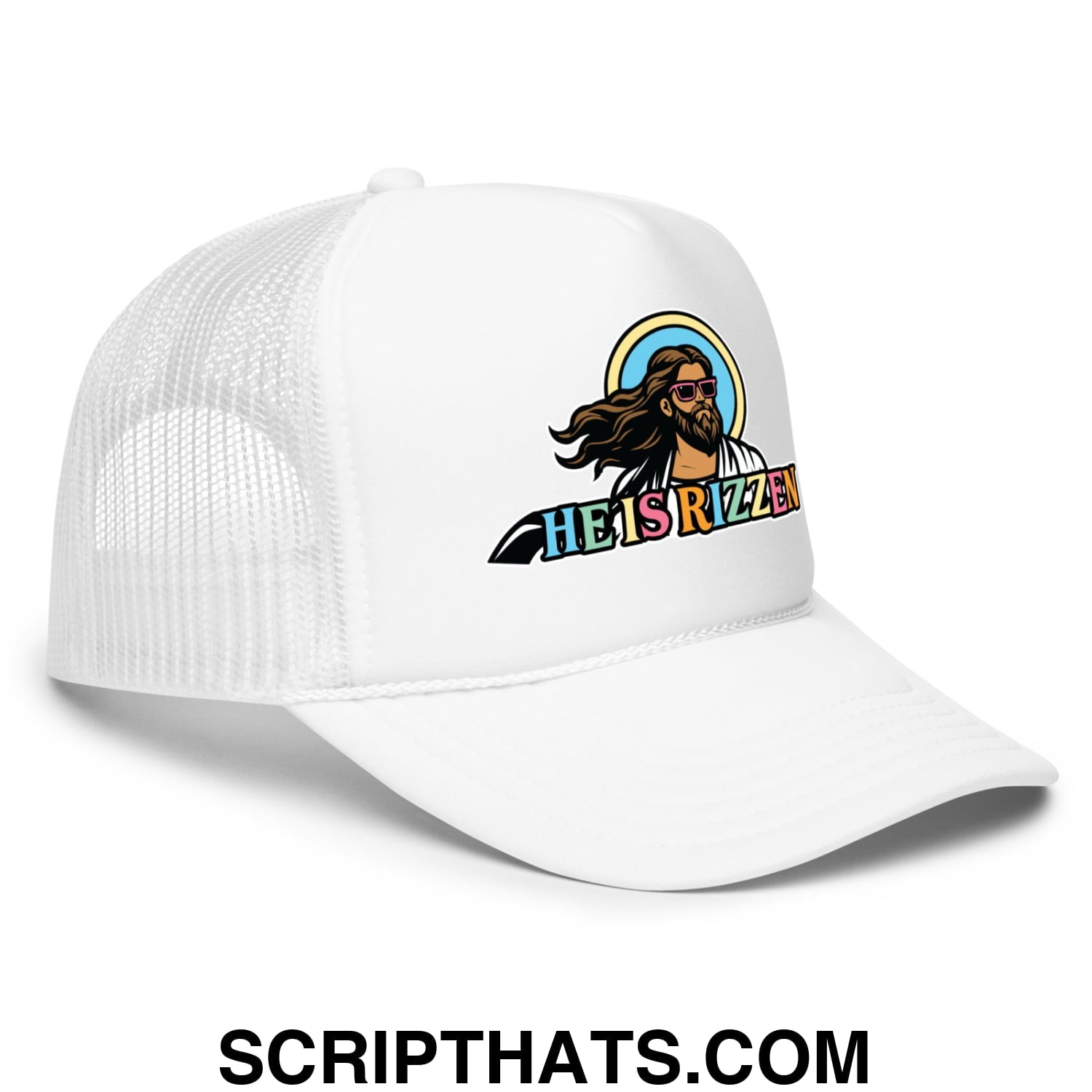 He Is Rizzen Jesus Easter Screenprinted Foam Mesh Trucker Hat White