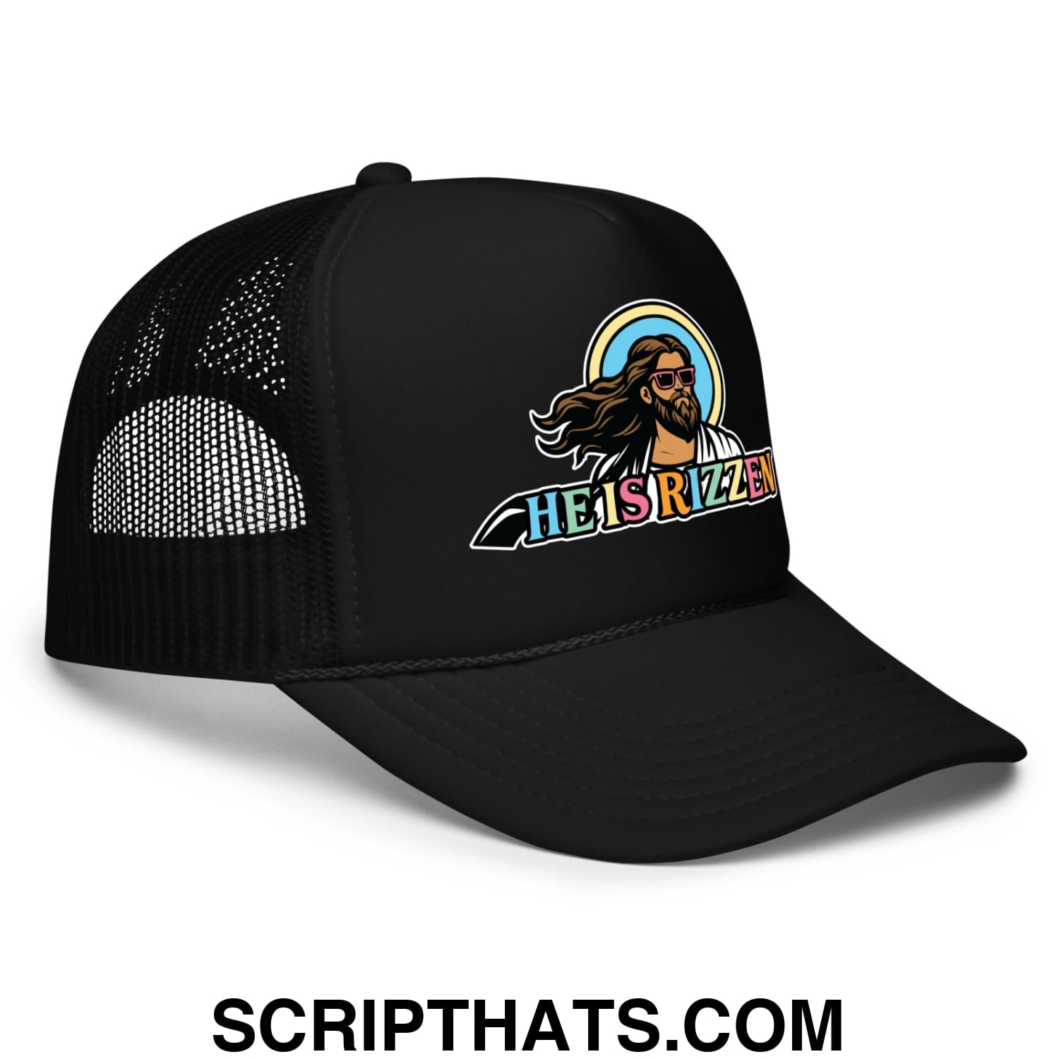 He Is Rizzen Jesus Easter Screenprinted Foam Mesh Trucker Hat Black