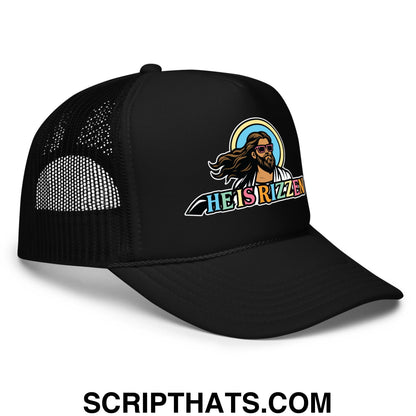 He Is Rizzen Jesus Easter Screenprinted Foam Mesh Trucker Hat Black