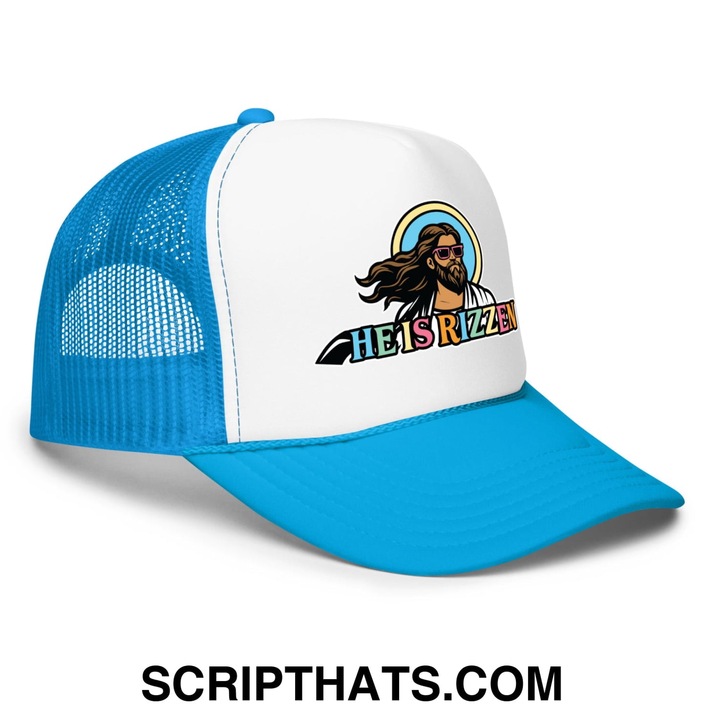 He Is Rizzen Jesus Easter Screenprinted Foam Mesh Trucker Hat Blue White Blue