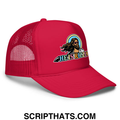 He Is Rizzen Jesus Easter Screenprinted Foam Mesh Trucker Hat Red