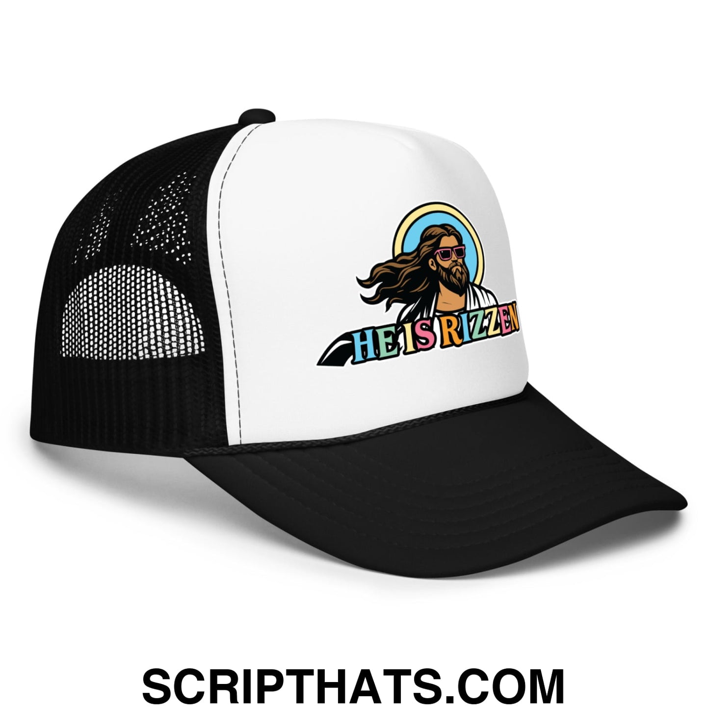 He Is Rizzen Jesus Easter Screenprinted Foam Mesh Trucker Hat Black White Black