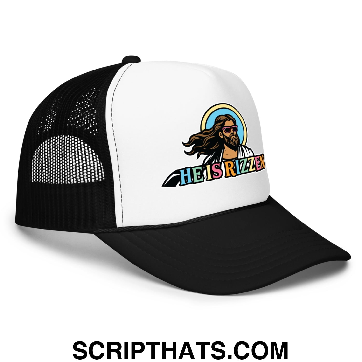 He Is Rizzen Jesus Easter Screenprinted Foam Mesh Trucker Hat Black White Black