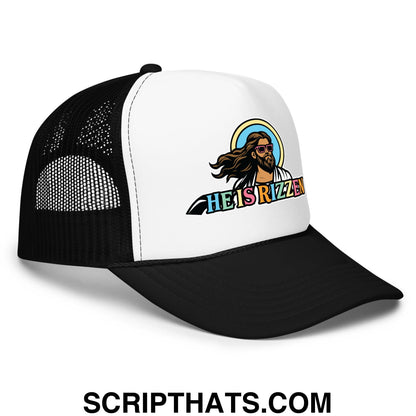He Is Rizzen Jesus Easter Screenprinted Foam Mesh Trucker Hat Black White Black