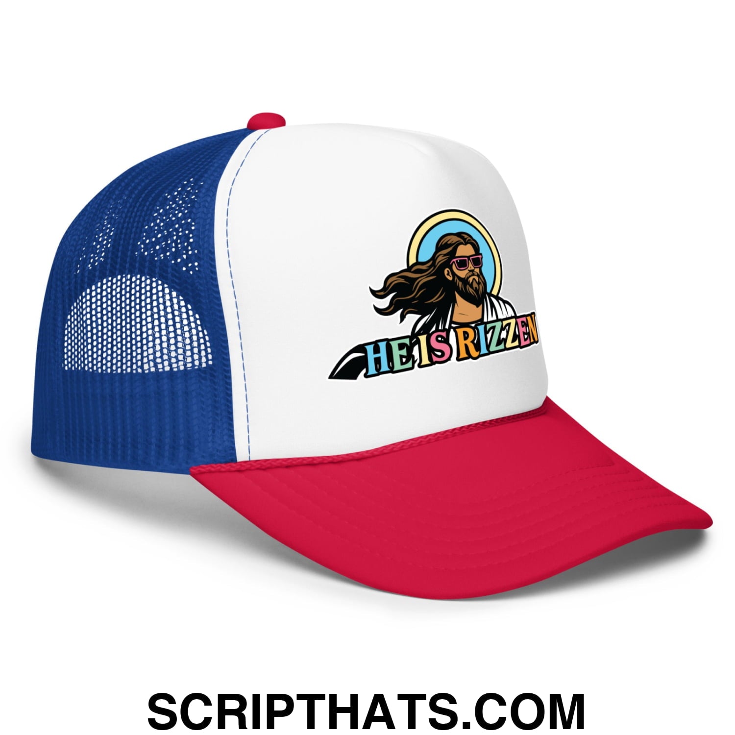 He Is Rizzen Jesus Easter Screenprinted Foam Mesh Trucker Hat White Royal Red