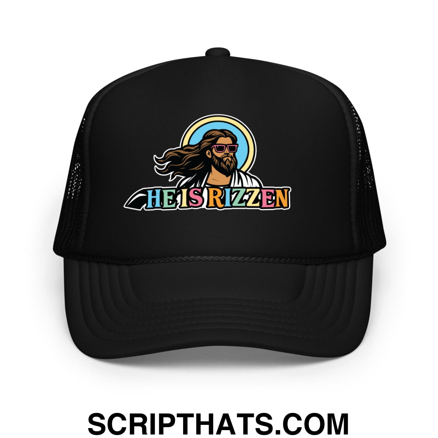 He Is Rizzen Jesus Easter Screenprinted Foam Mesh Trucker Hat Black