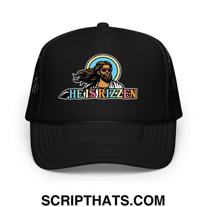 He Is Rizzen Jesus Easter Screenprinted Foam Mesh Trucker Hat Black