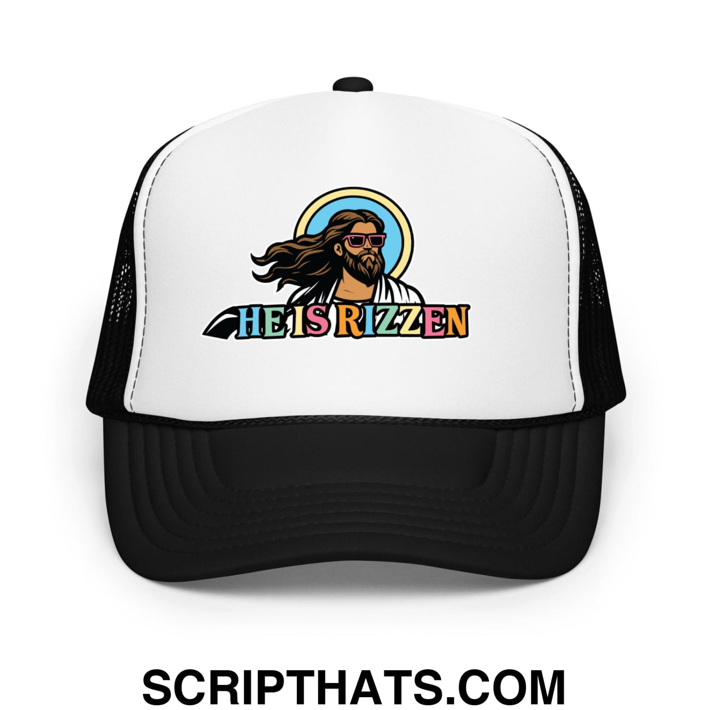 He Is Rizzen Jesus Easter Screenprinted Foam Mesh Trucker Hat Black White Black