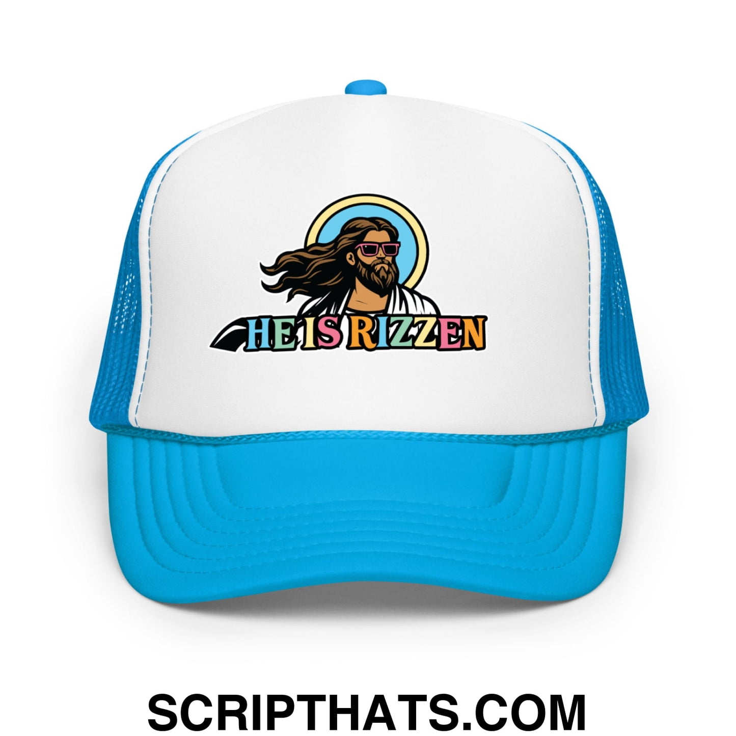 He Is Rizzen Jesus Easter Screenprinted Foam Mesh Trucker Hat Blue White Blue