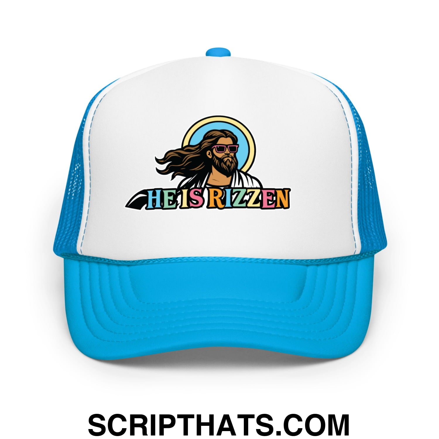 He Is Rizzen Jesus Easter Screenprinted Foam Mesh Trucker Hat Blue White Blue