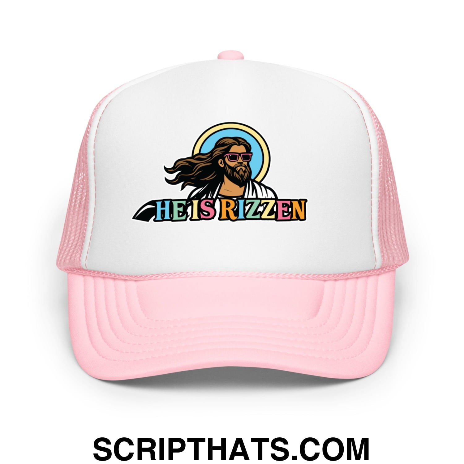 He Is Rizzen Jesus Easter Screenprinted Foam Mesh Trucker Hat Light Pink White Light Pink