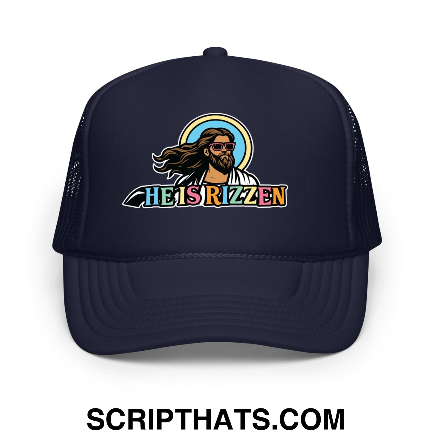 He Is Rizzen Jesus Easter Screenprinted Foam Mesh Trucker Hat Navy