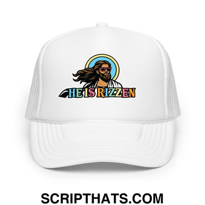 He Is Rizzen Jesus Easter Screenprinted Foam Mesh Trucker Hat White