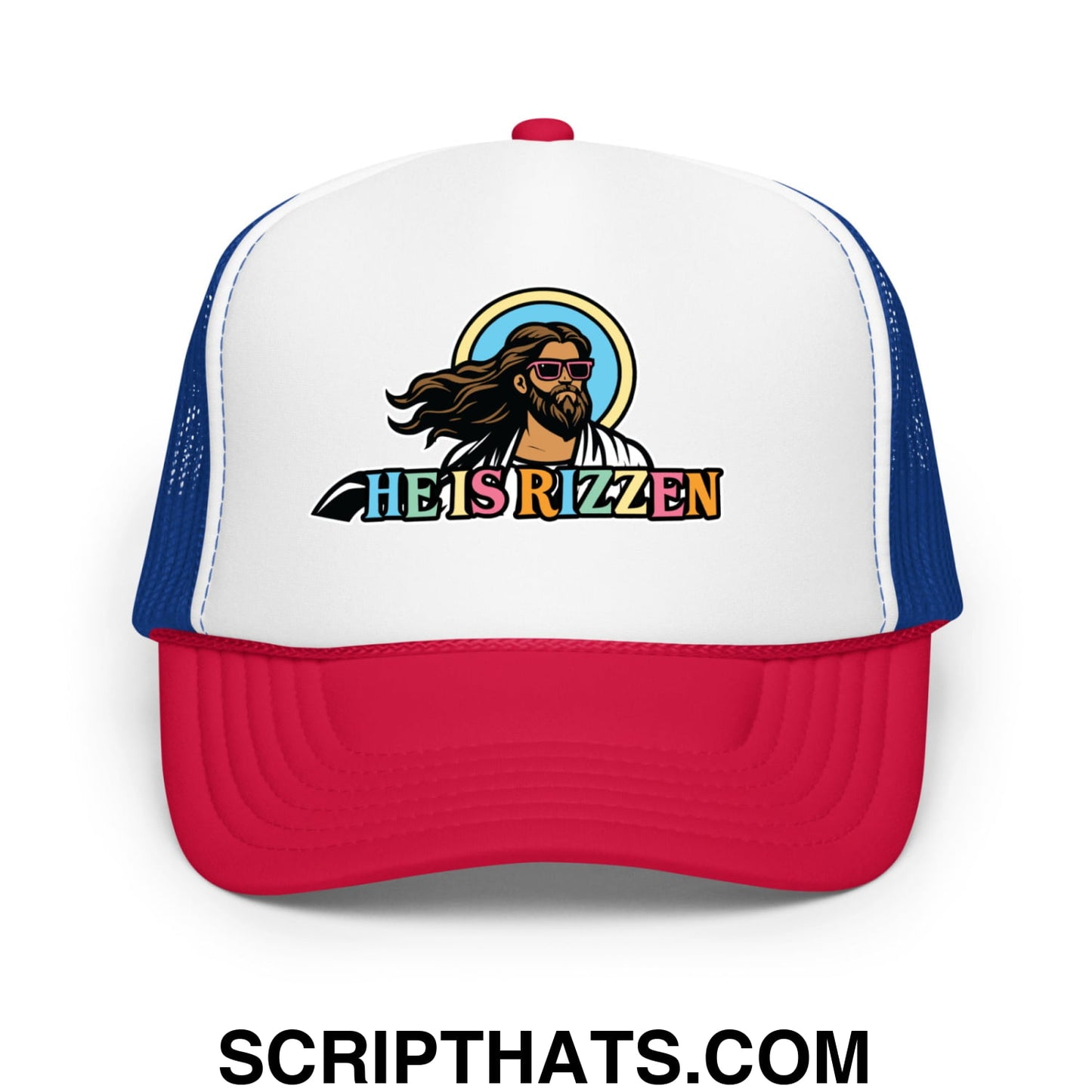 He Is Rizzen Jesus Easter Screenprinted Foam Mesh Trucker Hat White Royal Red