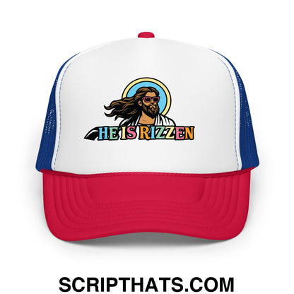 He Is Rizzen Jesus Easter Screenprinted Foam Mesh Trucker Hat White Royal Red