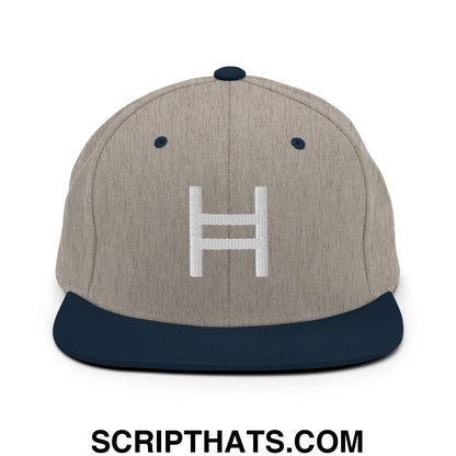 Hedera Hashgraph Crypto Embroidered Flat Bill Brim Snapback Hat Heather Grey Navy