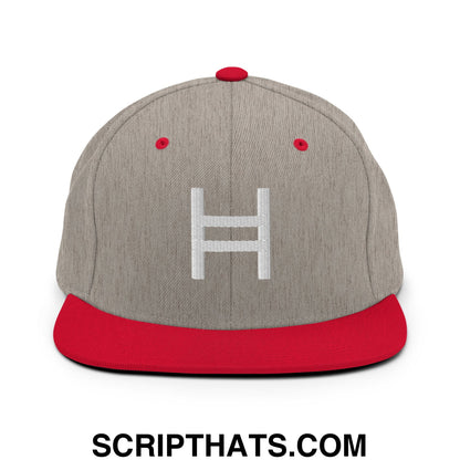 Hedera Hashgraph Crypto Embroidered Flat Bill Brim Snapback Hat Heather Grey Red