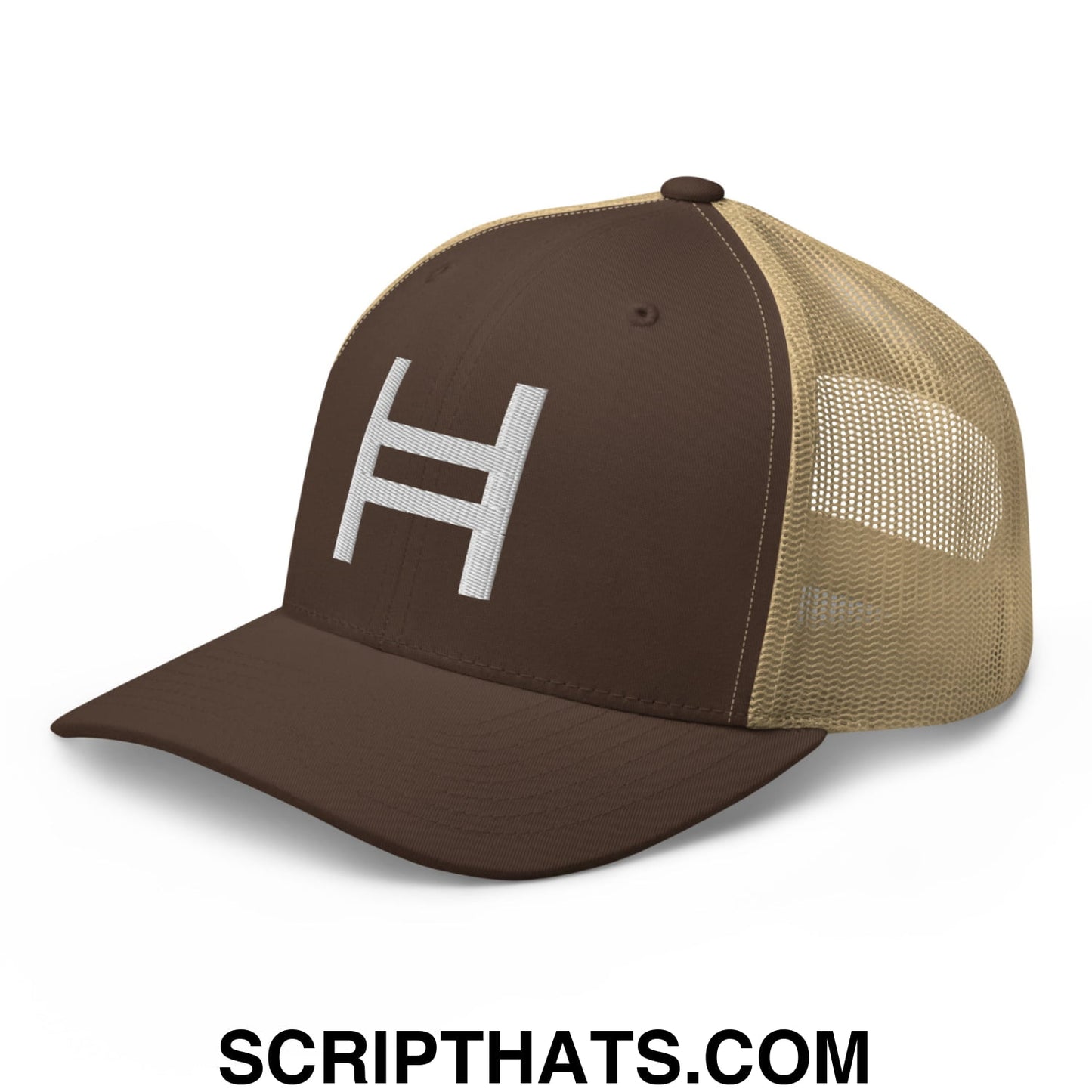 Hedera Hashgraph Crypto Embroidered Mesh Trucker Hat Brown Khaki