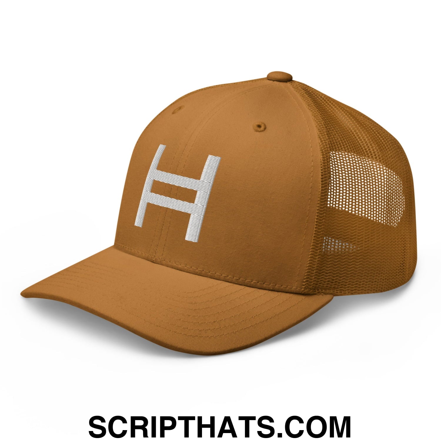 Hedera Hashgraph Crypto Embroidered Mesh Trucker Hat Caramel