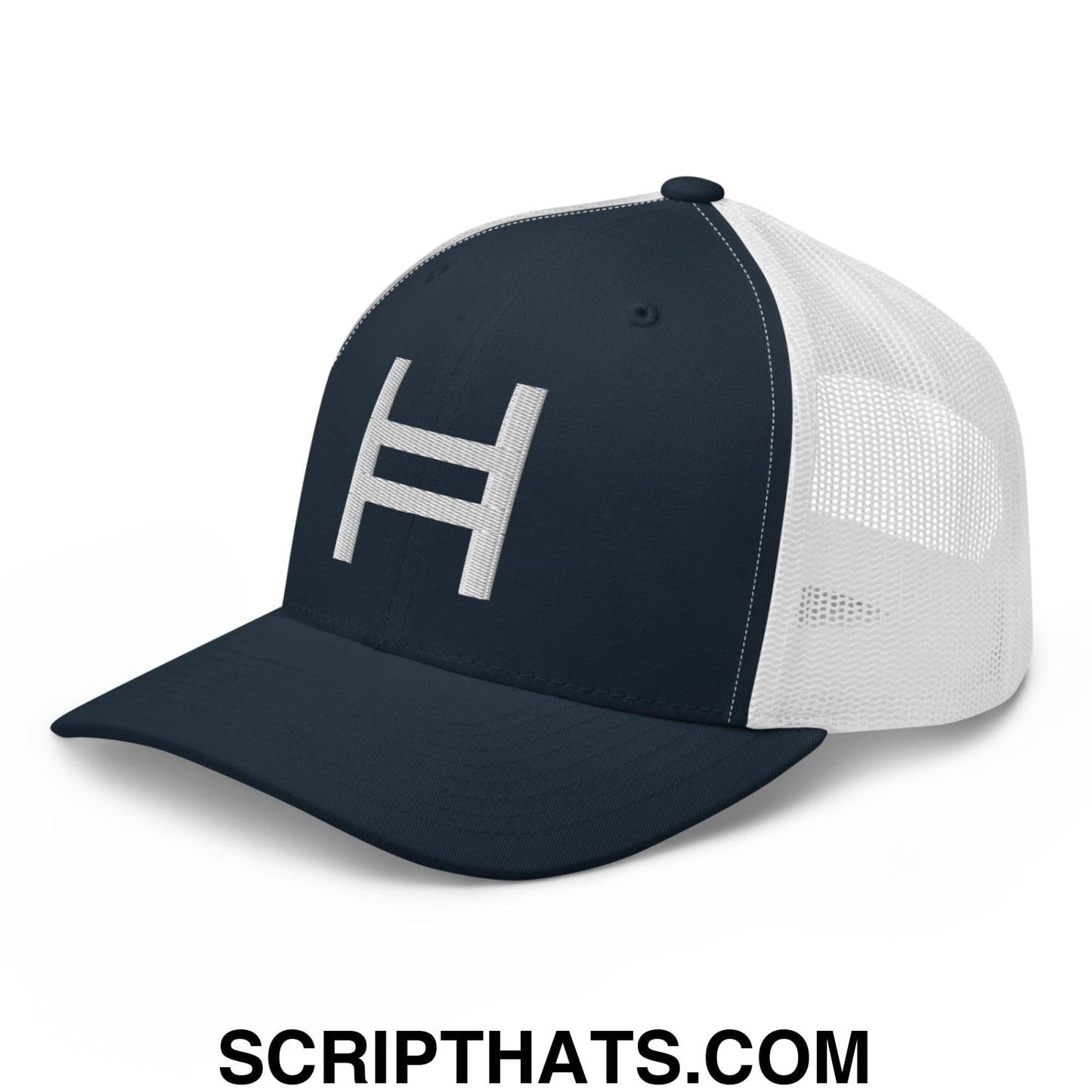 Hedera Hashgraph Crypto Embroidered Mesh Trucker Hat Navy White