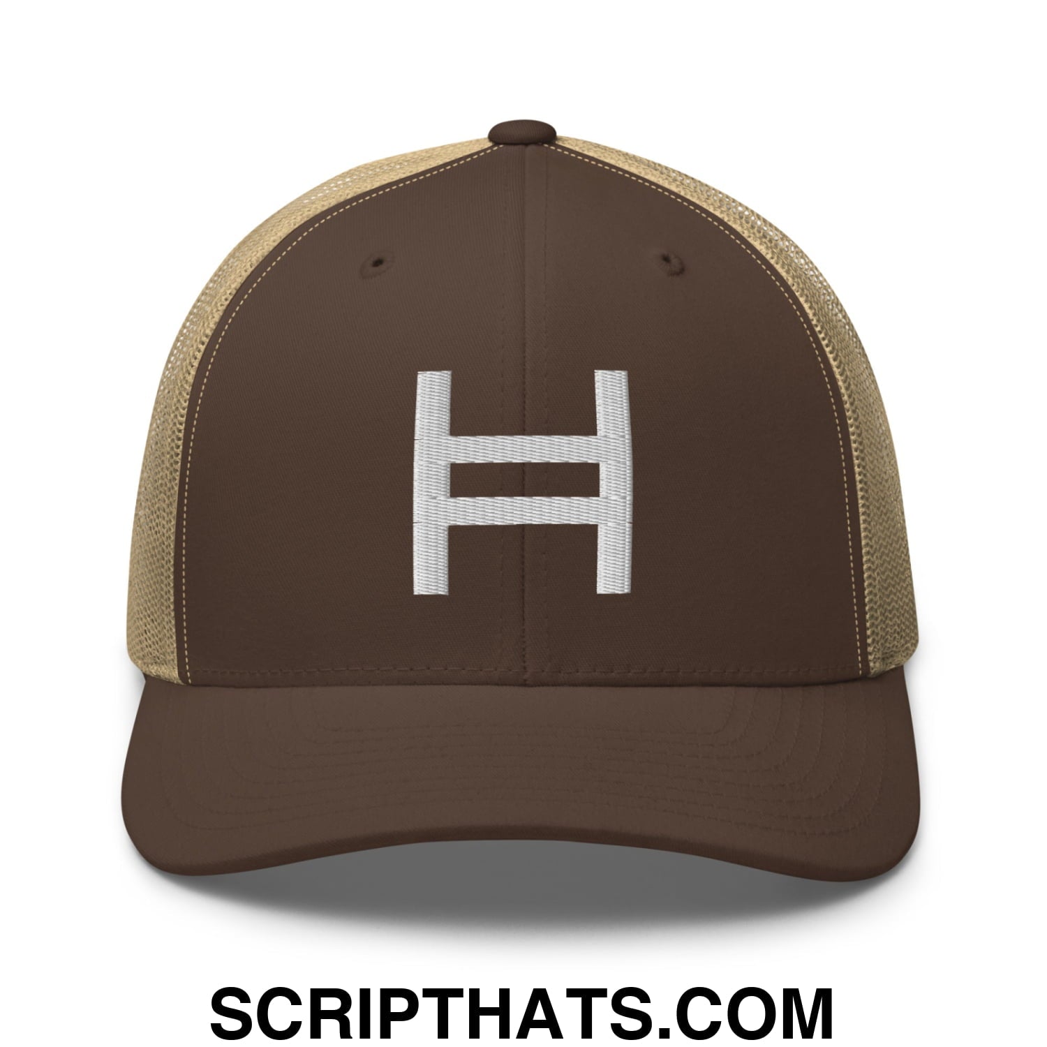 Hedera Hashgraph Crypto Embroidered Mesh Trucker Hat Brown Khaki