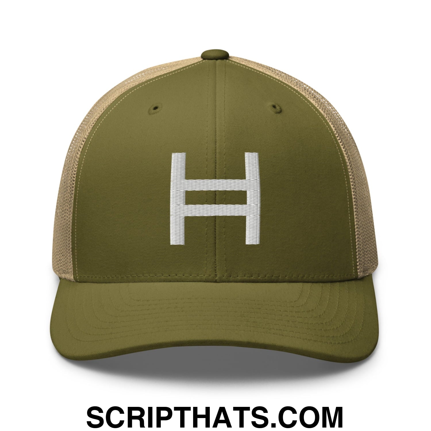 Hedera Hashgraph Crypto Embroidered Mesh Trucker Hat Moss Khaki