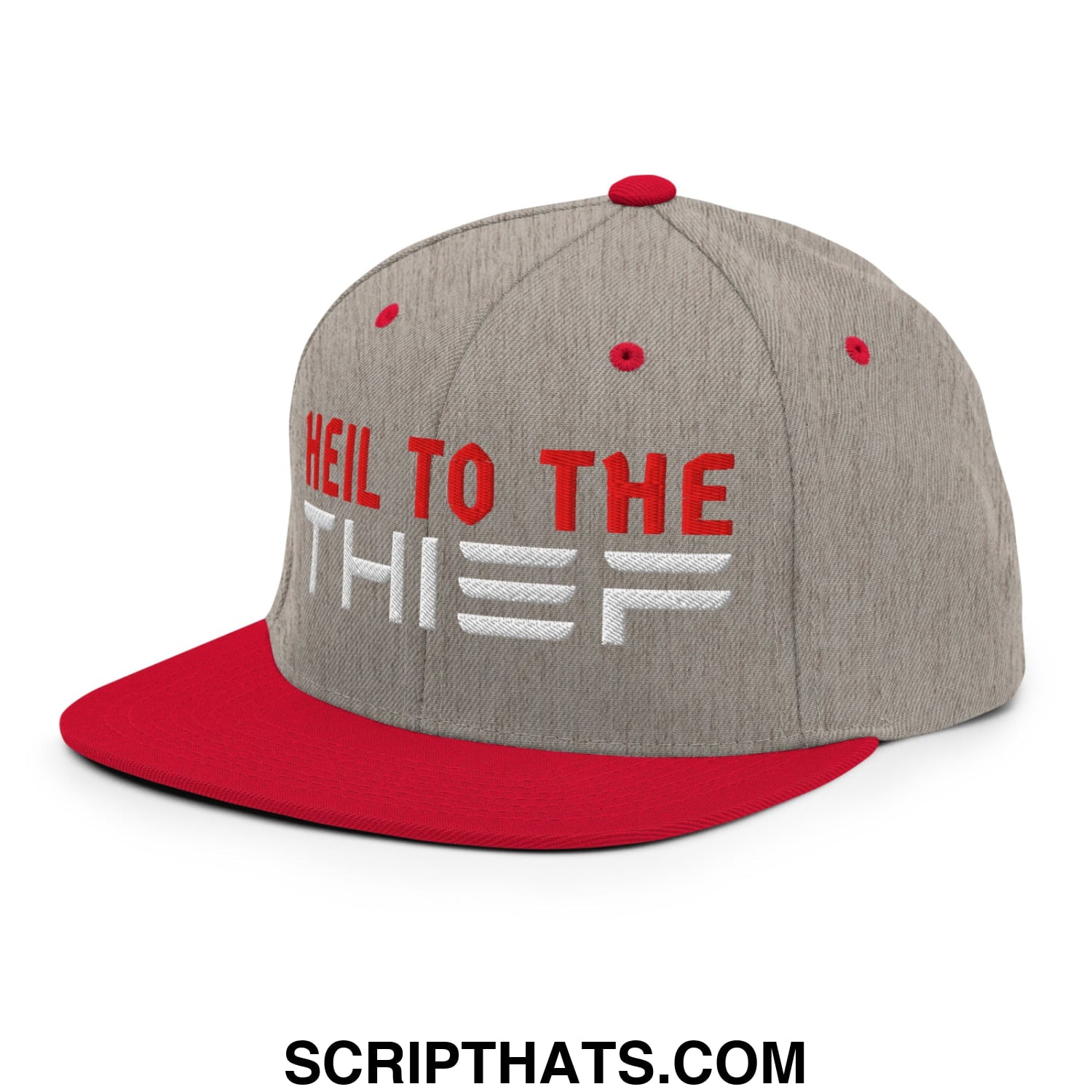 Heil to The Thief Embroidered Flat Bill Brim Snapback Hat Heather Grey Red