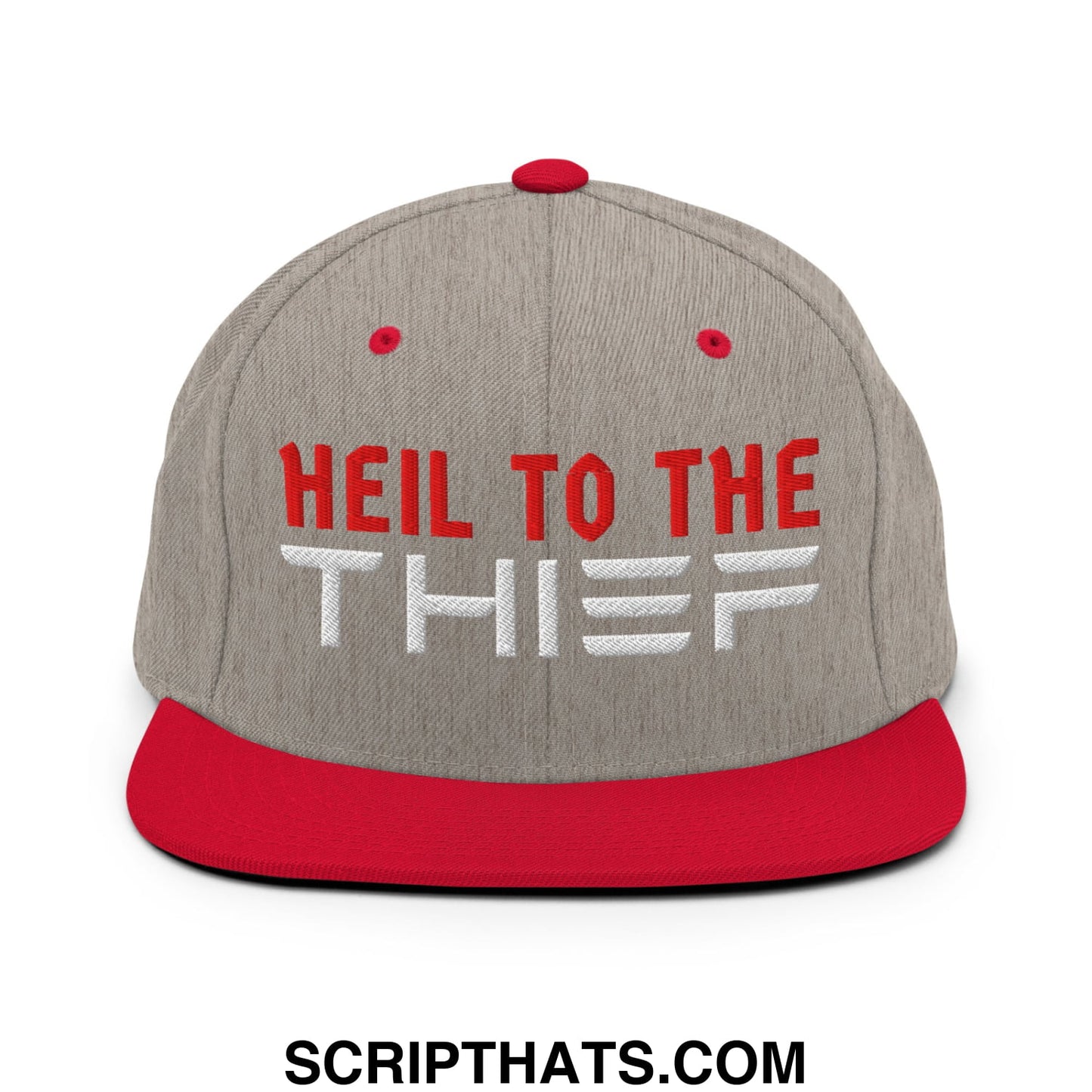 Heil to The Thief Embroidered Flat Bill Brim Snapback Hat Heather Grey Red