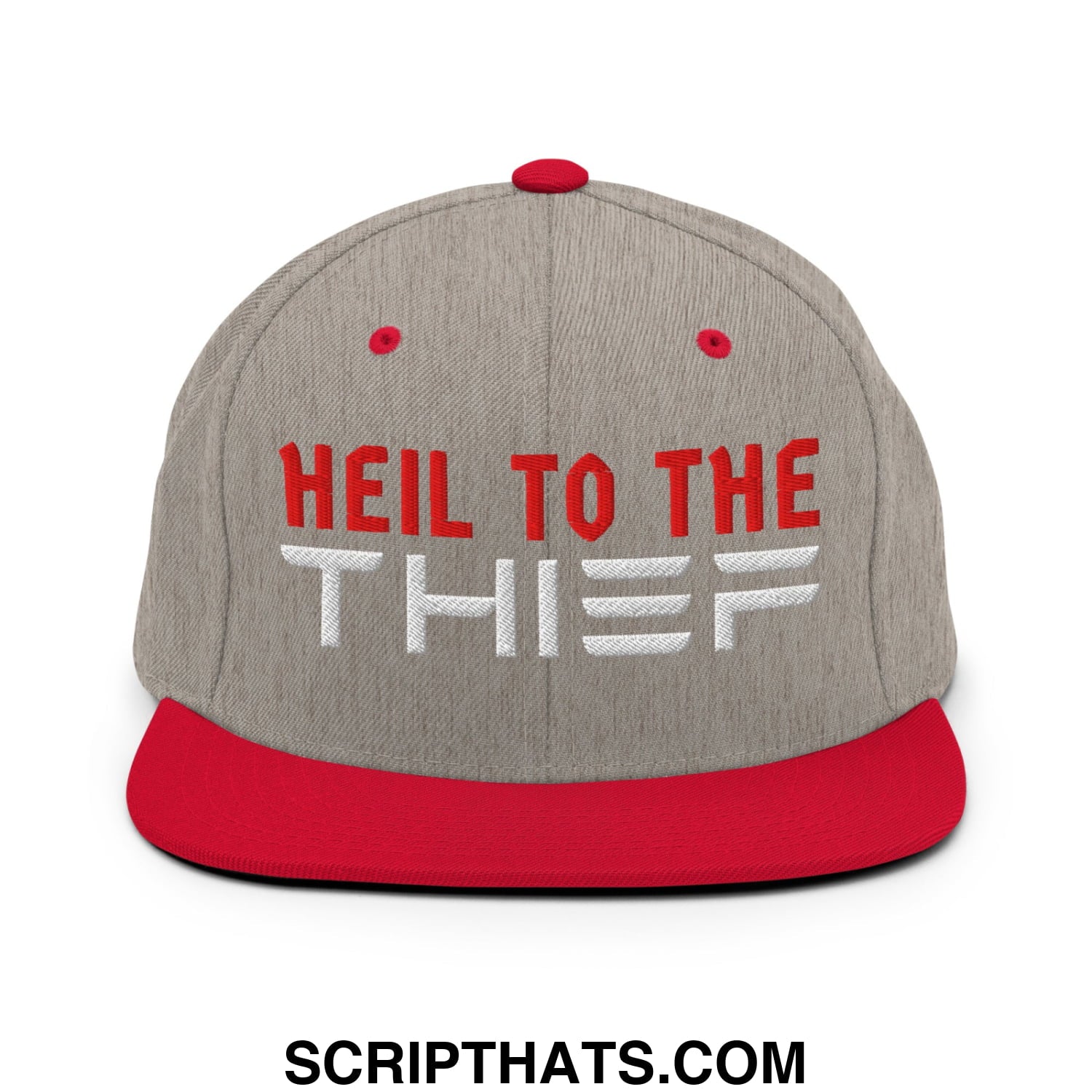 Heil to The Thief Embroidered Flat Bill Brim Snapback Hat Heather Grey Red