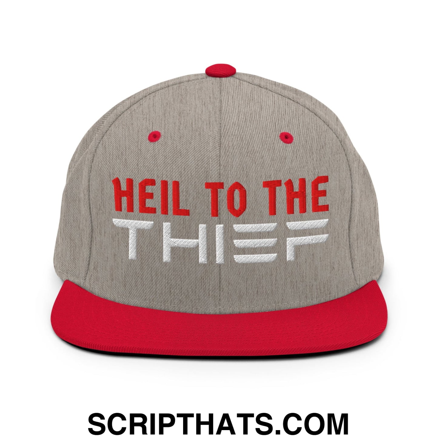 Heil to The Thief Embroidered Flat Bill Brim Snapback Hat Heather Grey Red