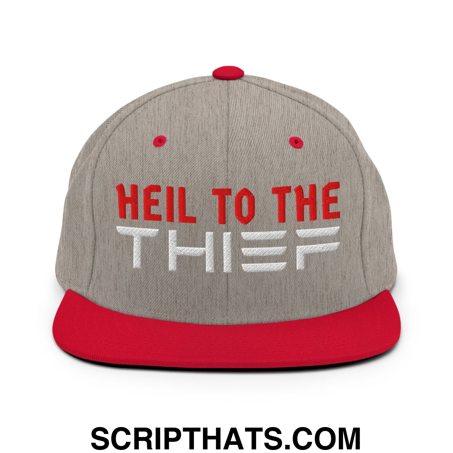 Heil to The Thief Embroidered Flat Bill Brim Snapback Hat Heather Grey Red
