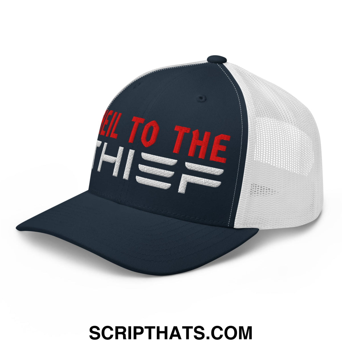 Navy blue and white mesh trucker hat with hell to the thief embroidered in red and silver lettering