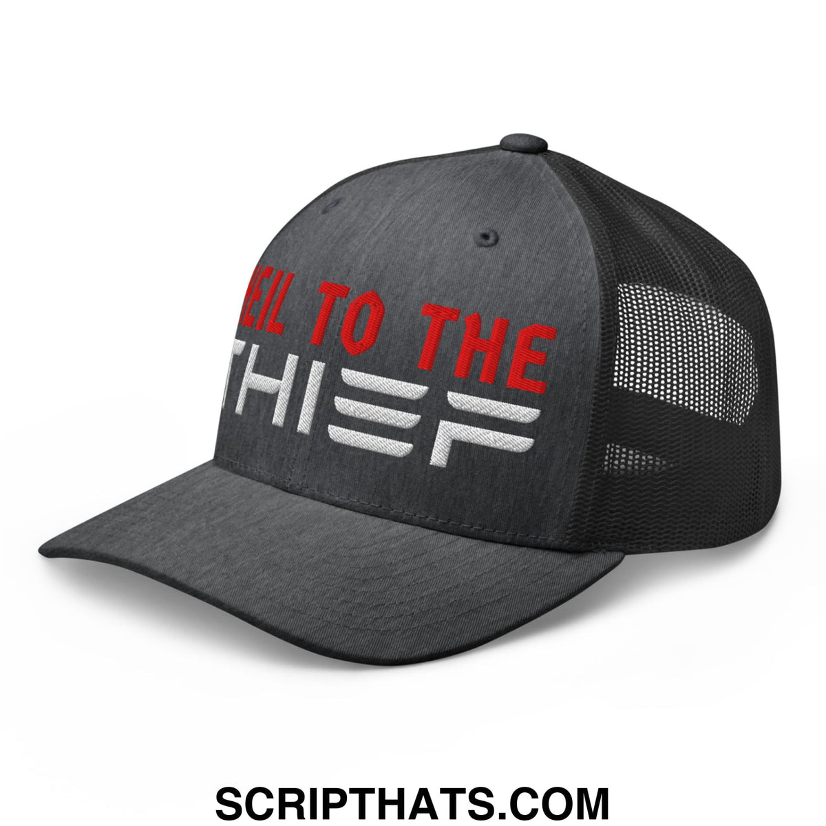 A dark gray mesh trucker hat with kill to the thief embroidered in red and white on the front panel