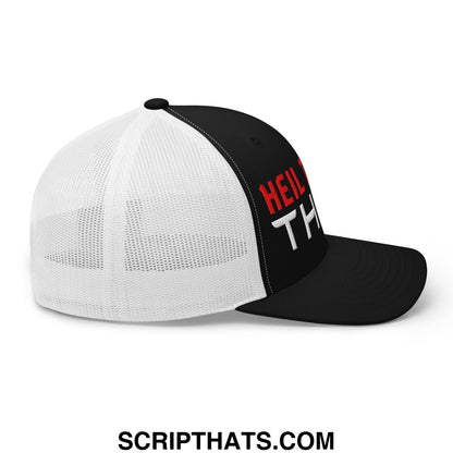 Black and white mesh trucker hat with heil th embroidered in red and white on the front panel