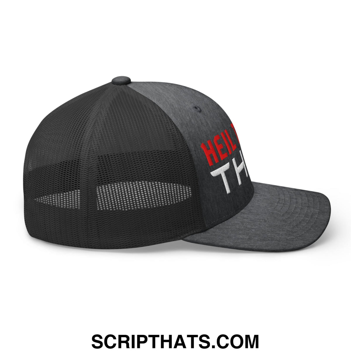 Black trucker hat with mesh back and embroidered red and white heil to the thief text on the front