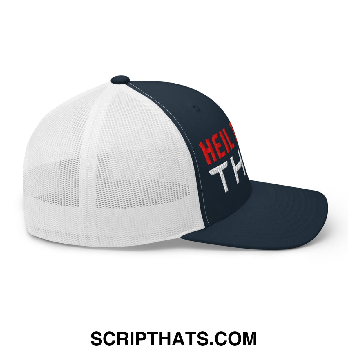 A navy blue and white mesh trucker hat with heil th embroidered in red and white on the front panel