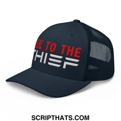 Dark navy mesh trucker hat with bold red and white embroidered hell to the thief text on the front