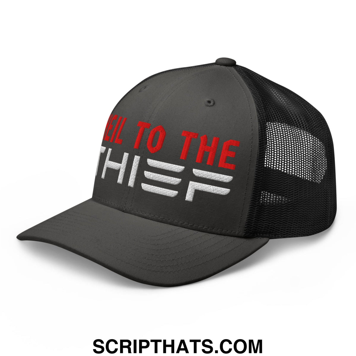 Black mesh trucker hat with red and white embroidered kill to the thief text on front titled heil to the thief