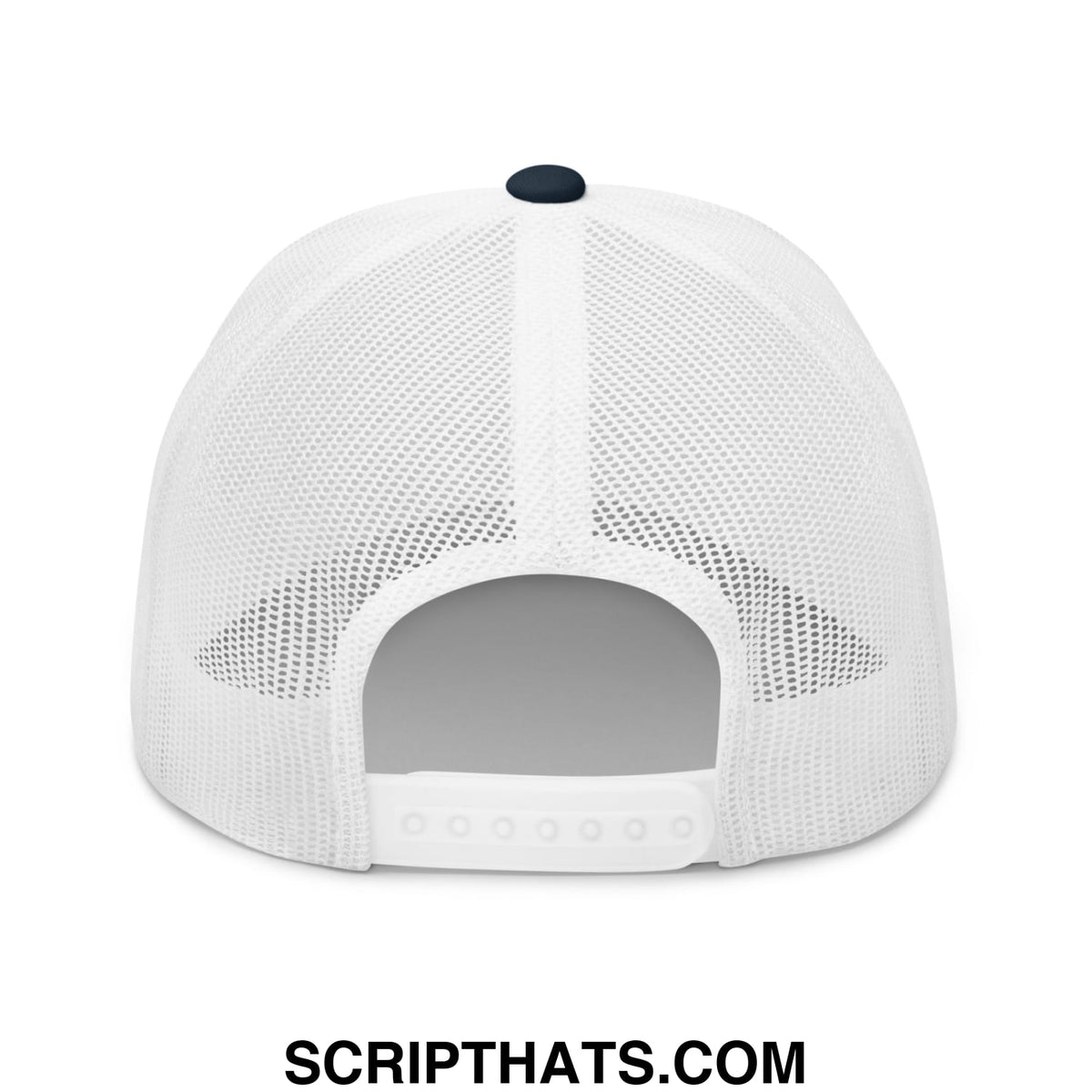 White mesh heil to the thief embroidered trucker hat with a black button and adjustable strap shown from the back