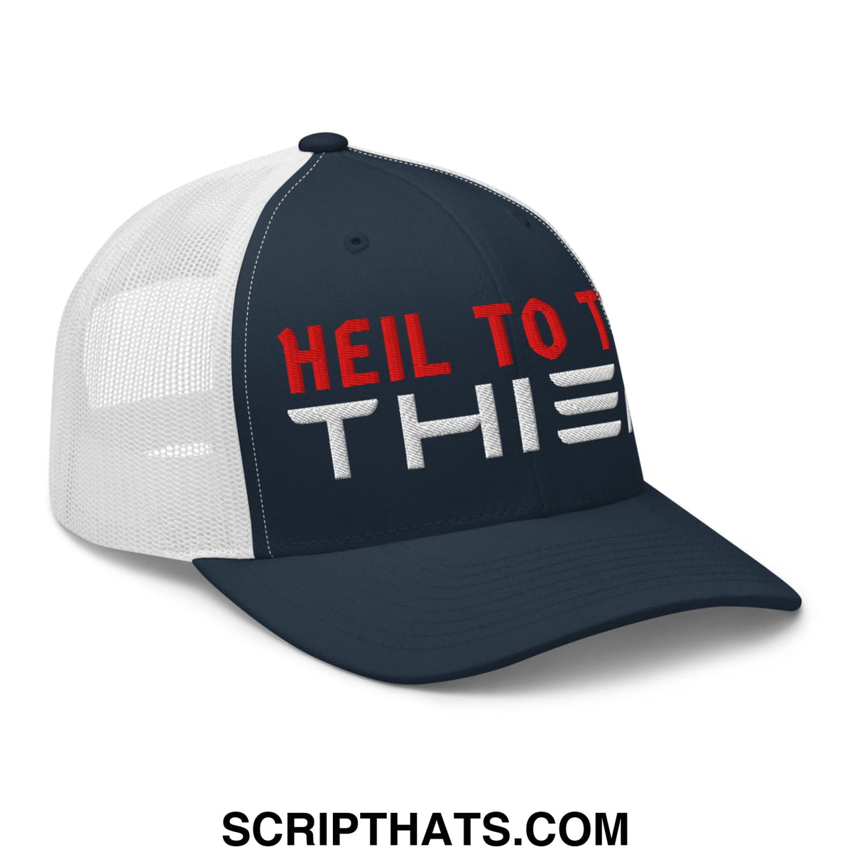 Navy blue and white mesh trucker hat with embroidered red and white heil to the text front panel