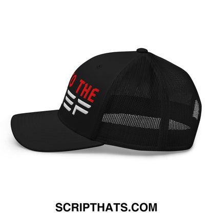 Black Heil to the thief embroidered mesh trucker hat with red and white text and a mesh back panel