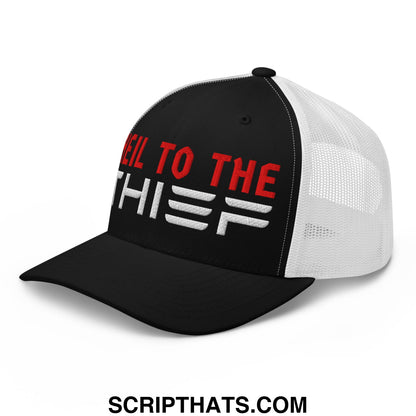 Black and white mesh trucker hat with hell to the thief embroidered in red and silver lettering