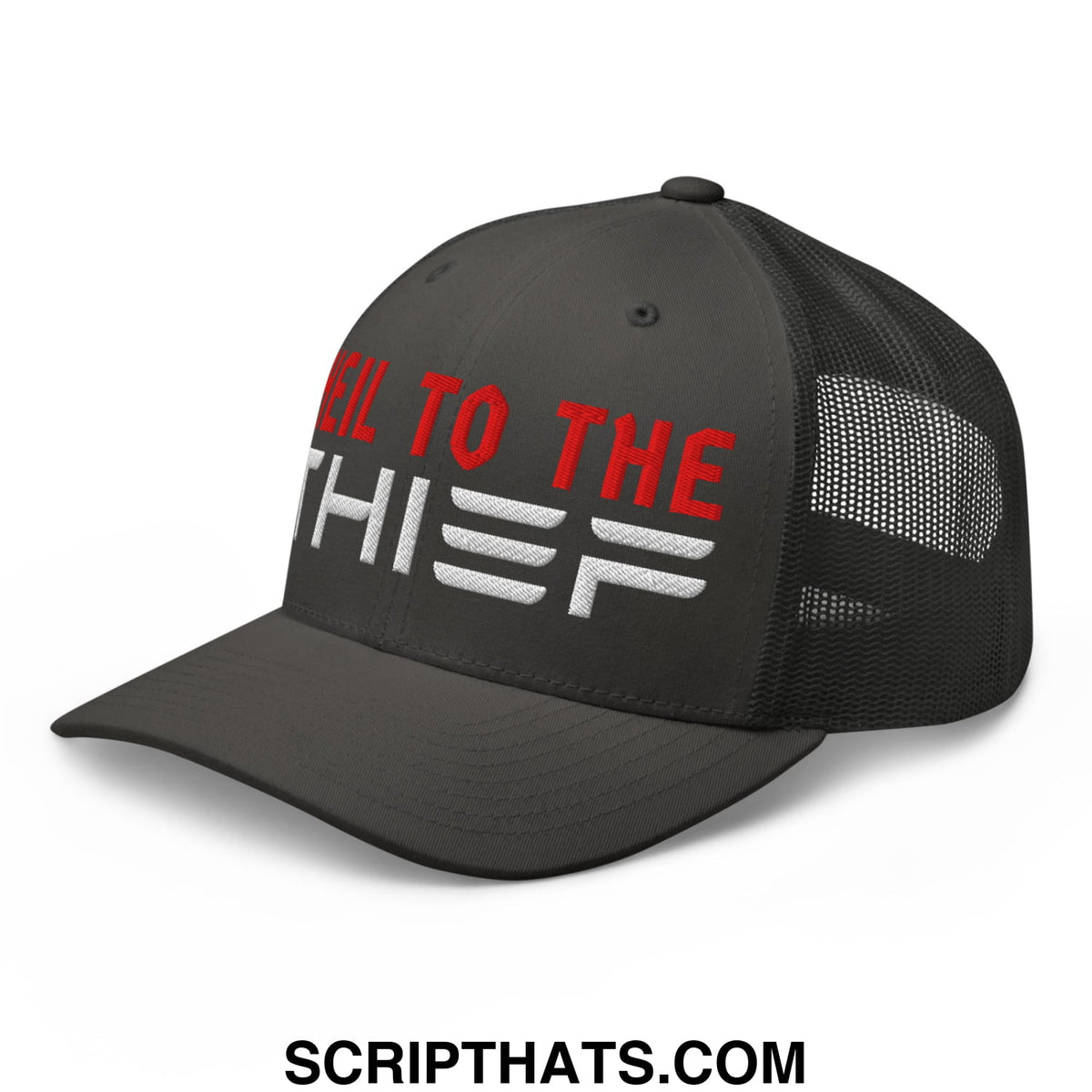 Black mesh trucker hat with red and white embroidered kill to the thief text on front for casual wear