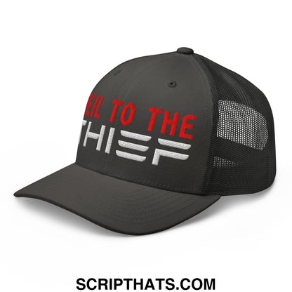 Black mesh trucker hat with red and white embroidered kill to the thief text on front for casual wear